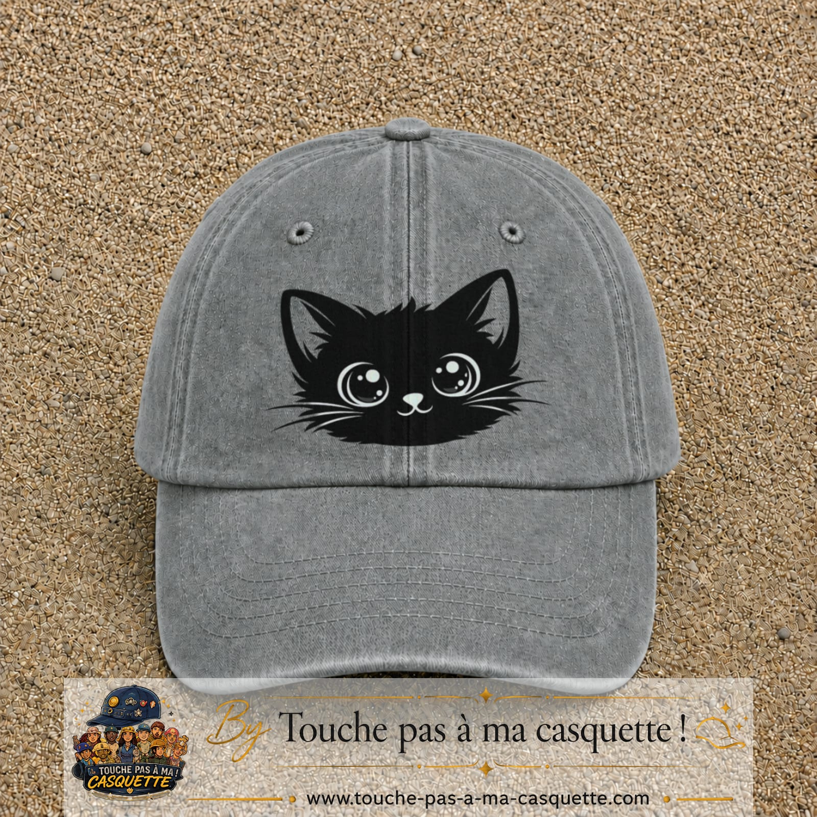 Image principale produit2grosGR - casquette Gris délavé avec visuel Chat noir yeux ronds 7 cm