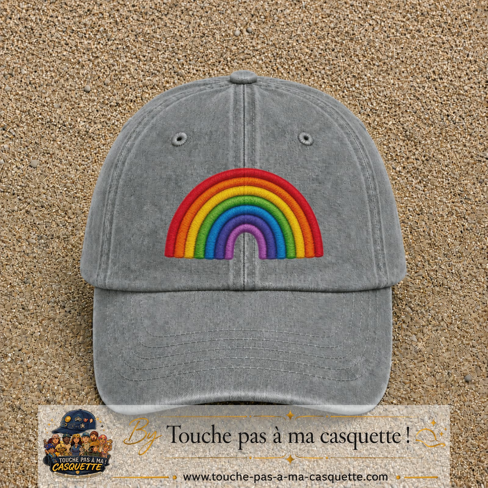 Image principale produit187grosGR - casquette Gris délavé avec visuel Arc-en-ciel 7 cm