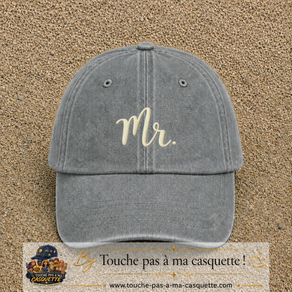 Image principale produit111moyenGR - casquette Gris délavé avec visuel Mr blanc 5 cm