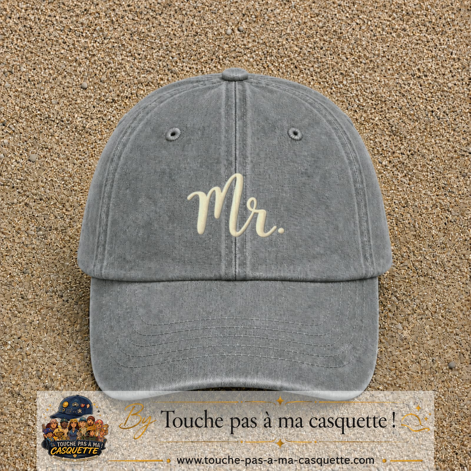 Image principale produit111moyenGR - casquette Gris délavé avec visuel Mr blanc 5 cm