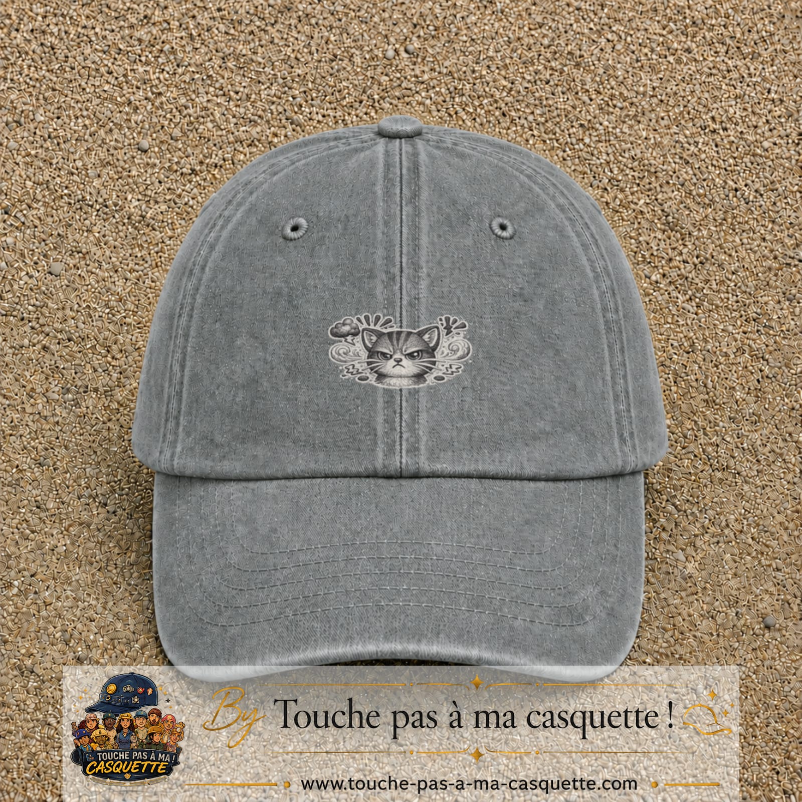 Image principale produit1petitGR - casquette Gris délavé avec visuel Chat colère ornemental 3 cm