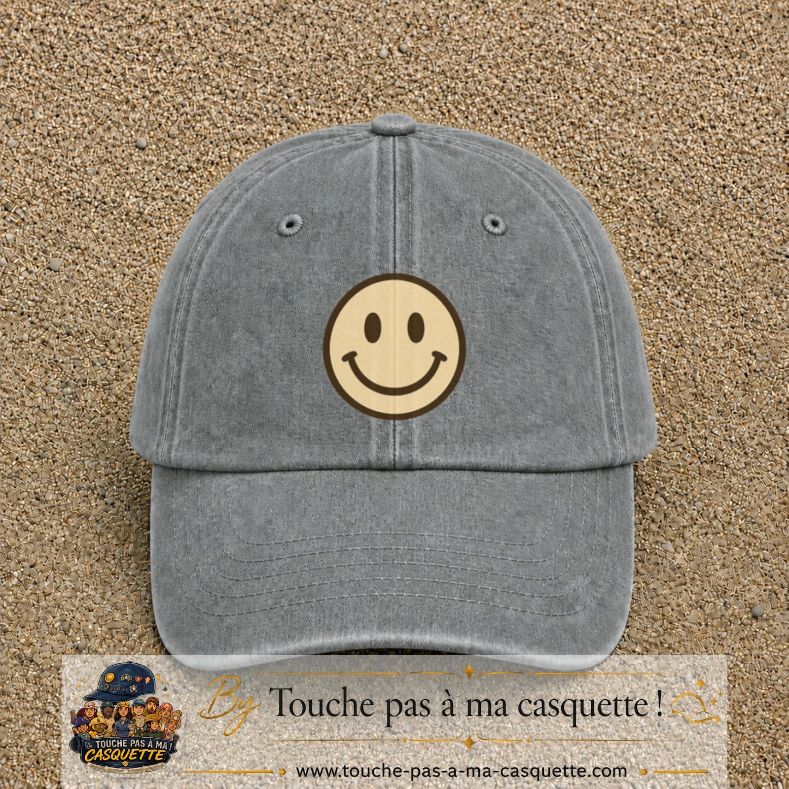 Image principale produit178grosGR - casquette Gris délavé avec visuel Smiley 7 cm