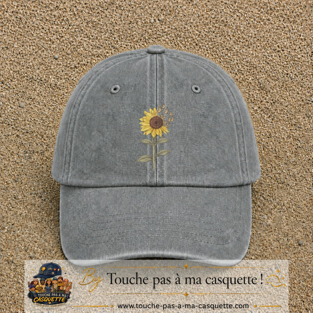 Image principale produit13grosGR - casquette Gris délavé avec visuel Tournesol bohème 7 cm