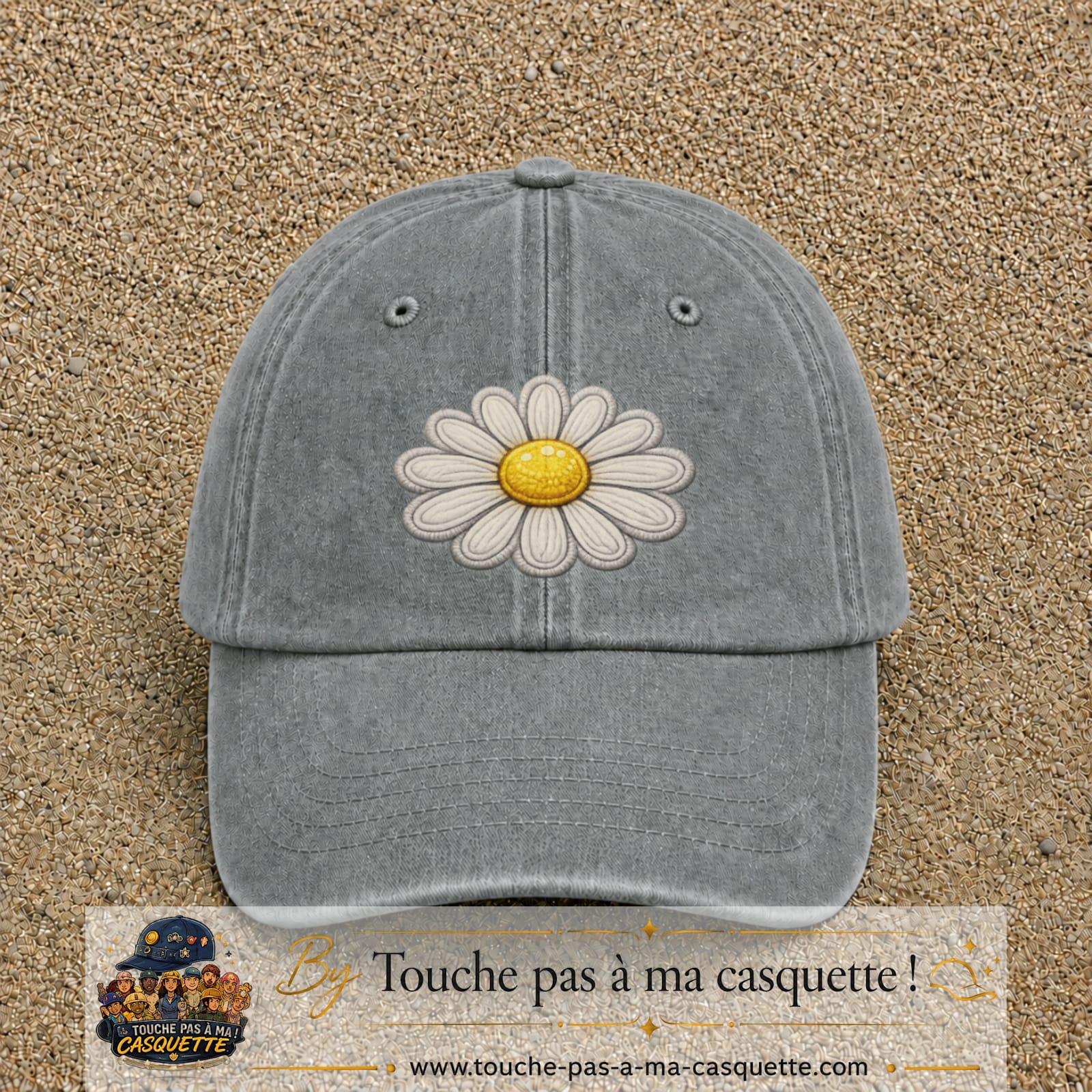 Image principale produit104grosGR - casquette Gris délavé avec visuel Marguerite simple 7 cm