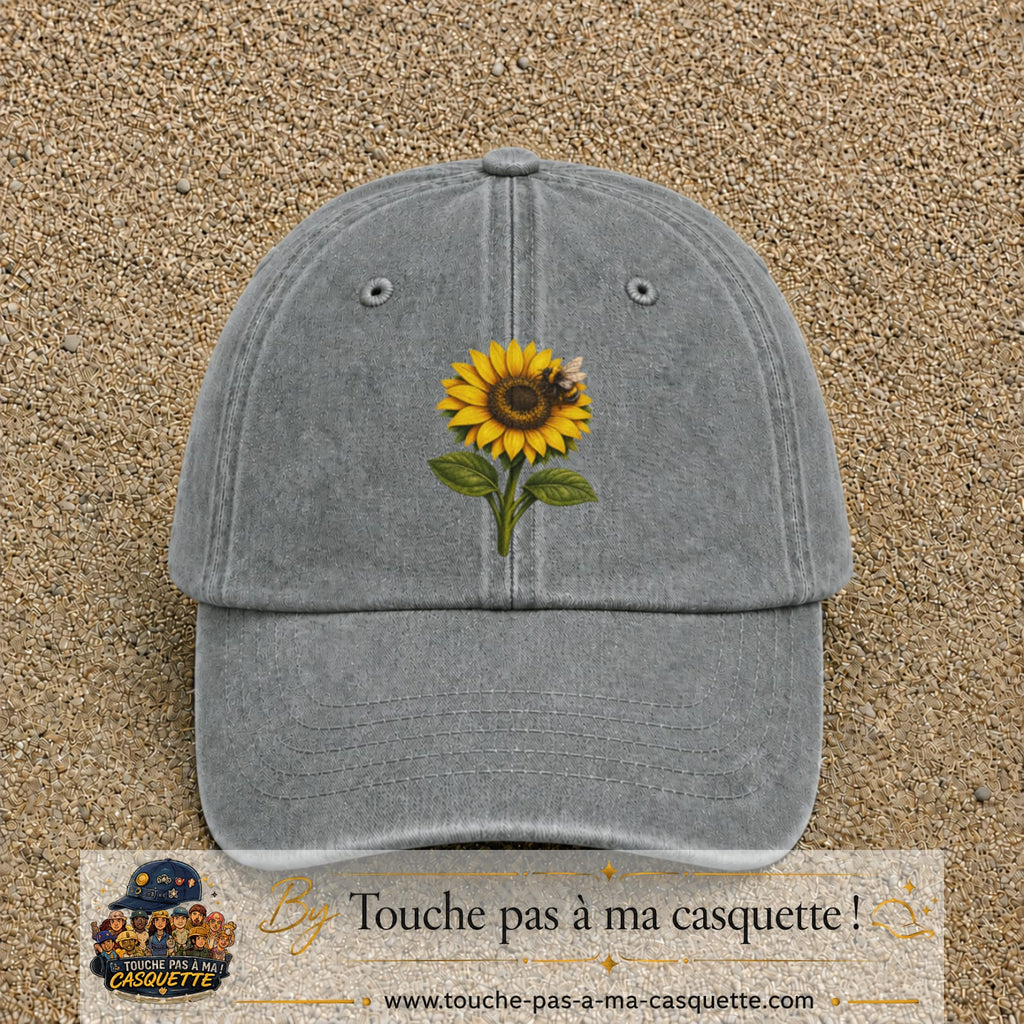 Image principale produit75grosGR - casquette Gris délavé avec visuel Tournesol abeille 7 cm