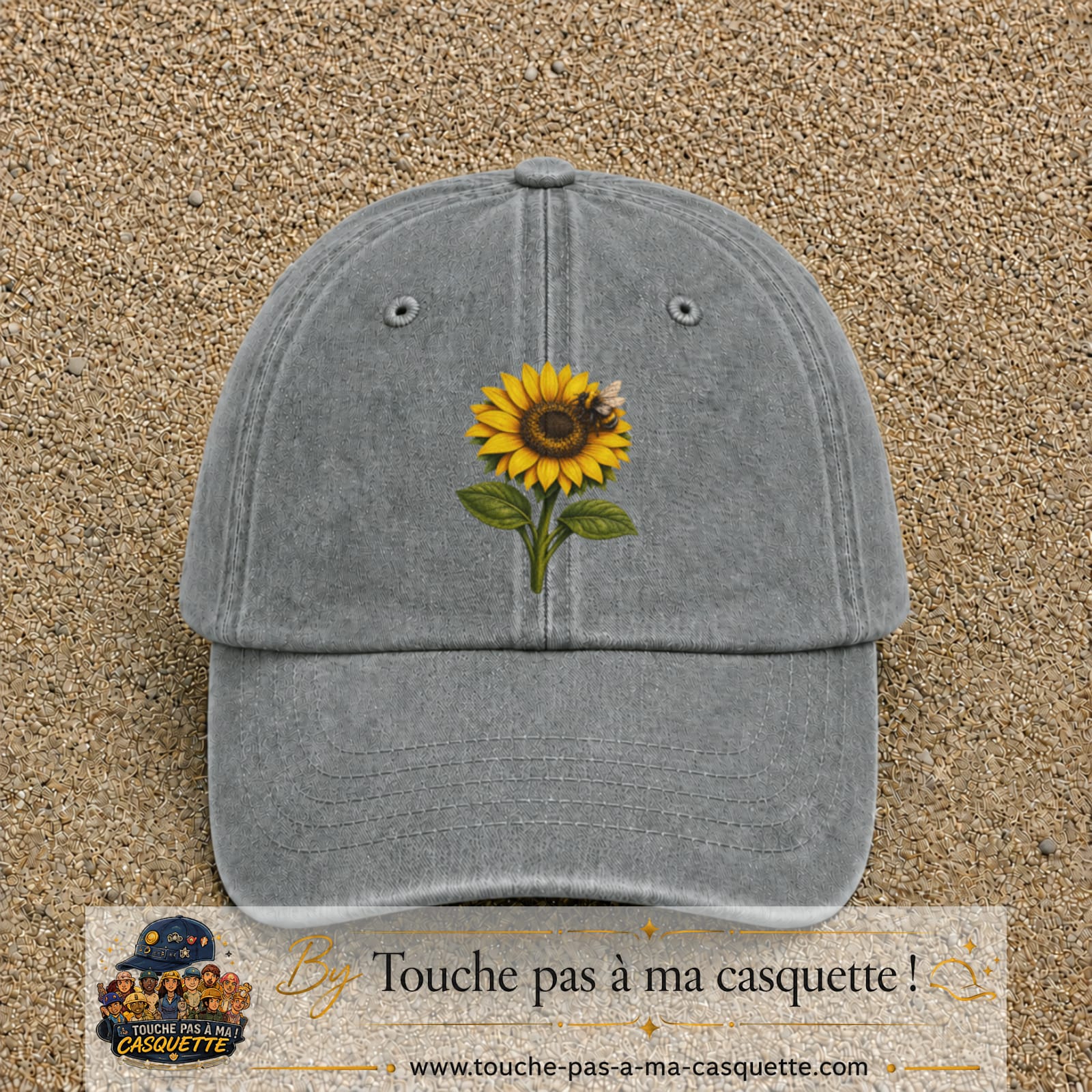 Image principale produit75grosGR - casquette Gris délavé avec visuel Tournesol abeille 7 cm