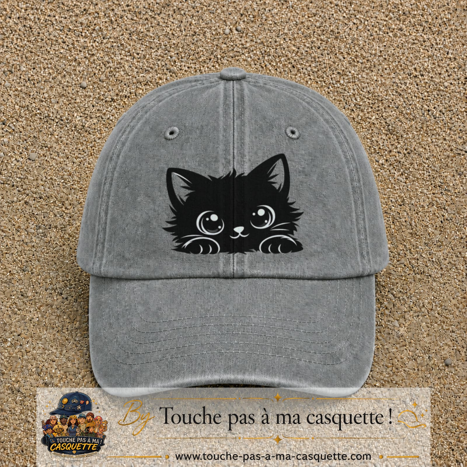 Image principale produit6grosGR - casquette Gris délavé avec visuel Chat noir adorable 7 cm