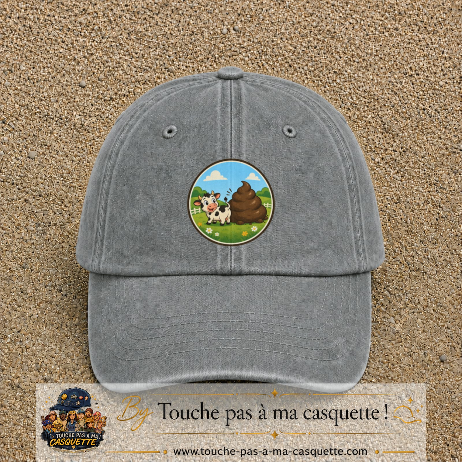 Image principale produit161grosGR - casquette Gris délavé avec visuel Vache humour crotte 7 cm