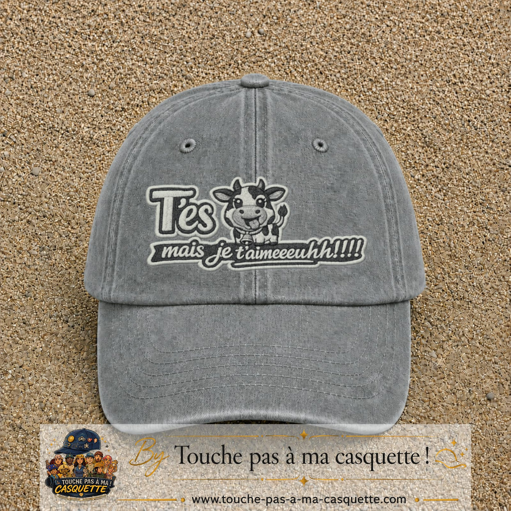 Image principale produit122grosGR - casquette Gris délavé avec visuel Vache message français 7 cm