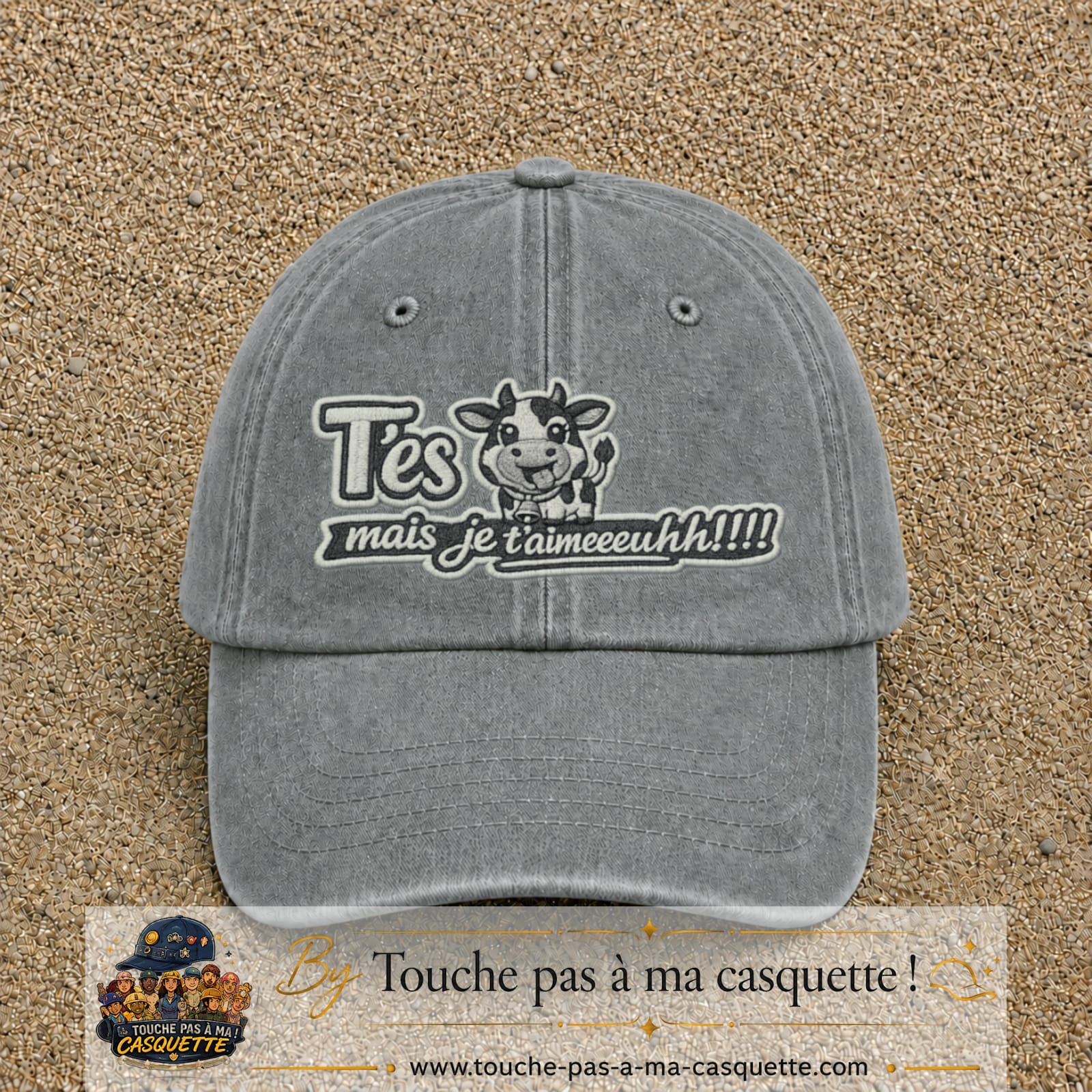 Image principale produit122grosGR - casquette Gris délavé avec visuel Vache message français 7 cm