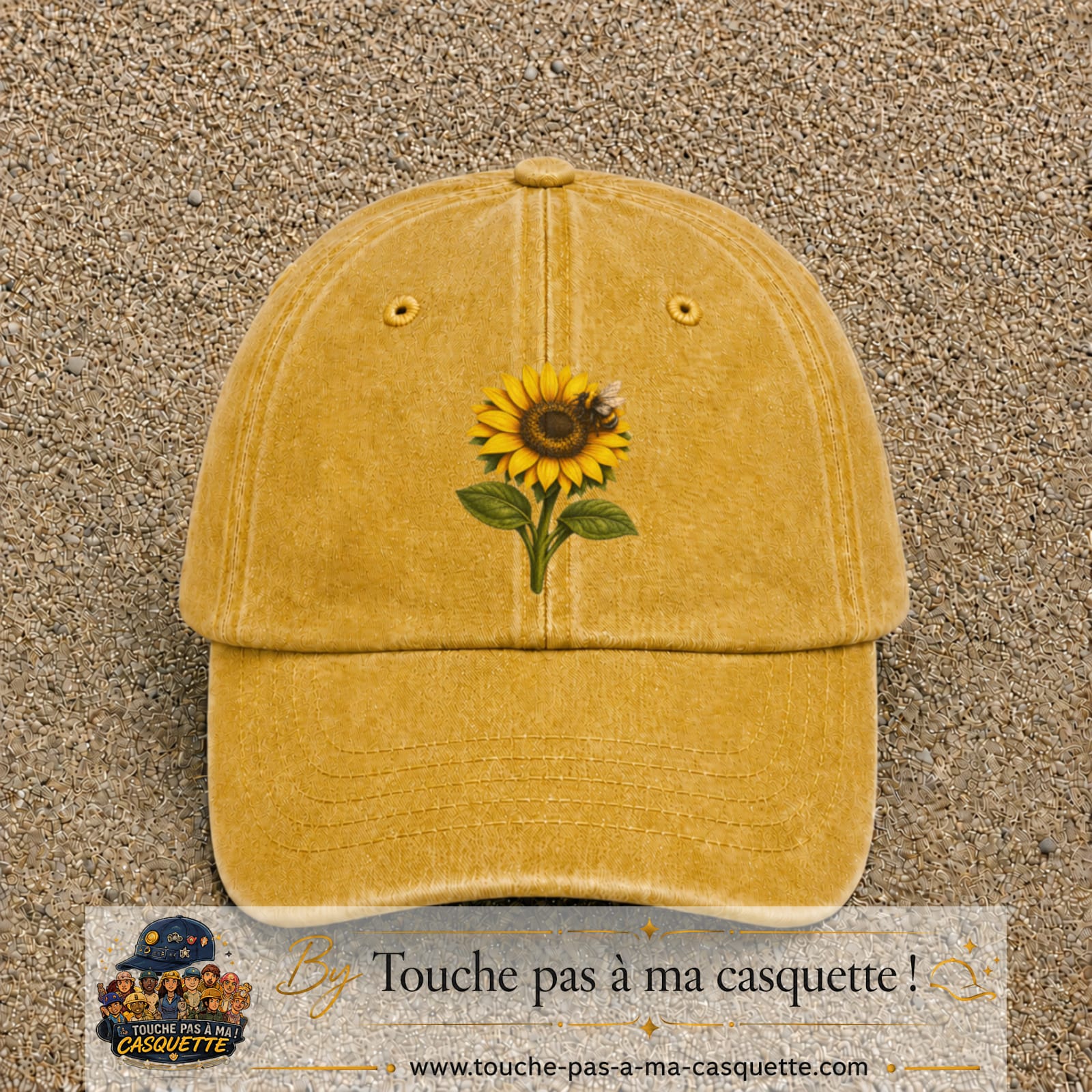 Image principale produit75grosJ - casquette Jaune délavé - Moutarde délavé avec visuel Tournesol abeille 7 cm