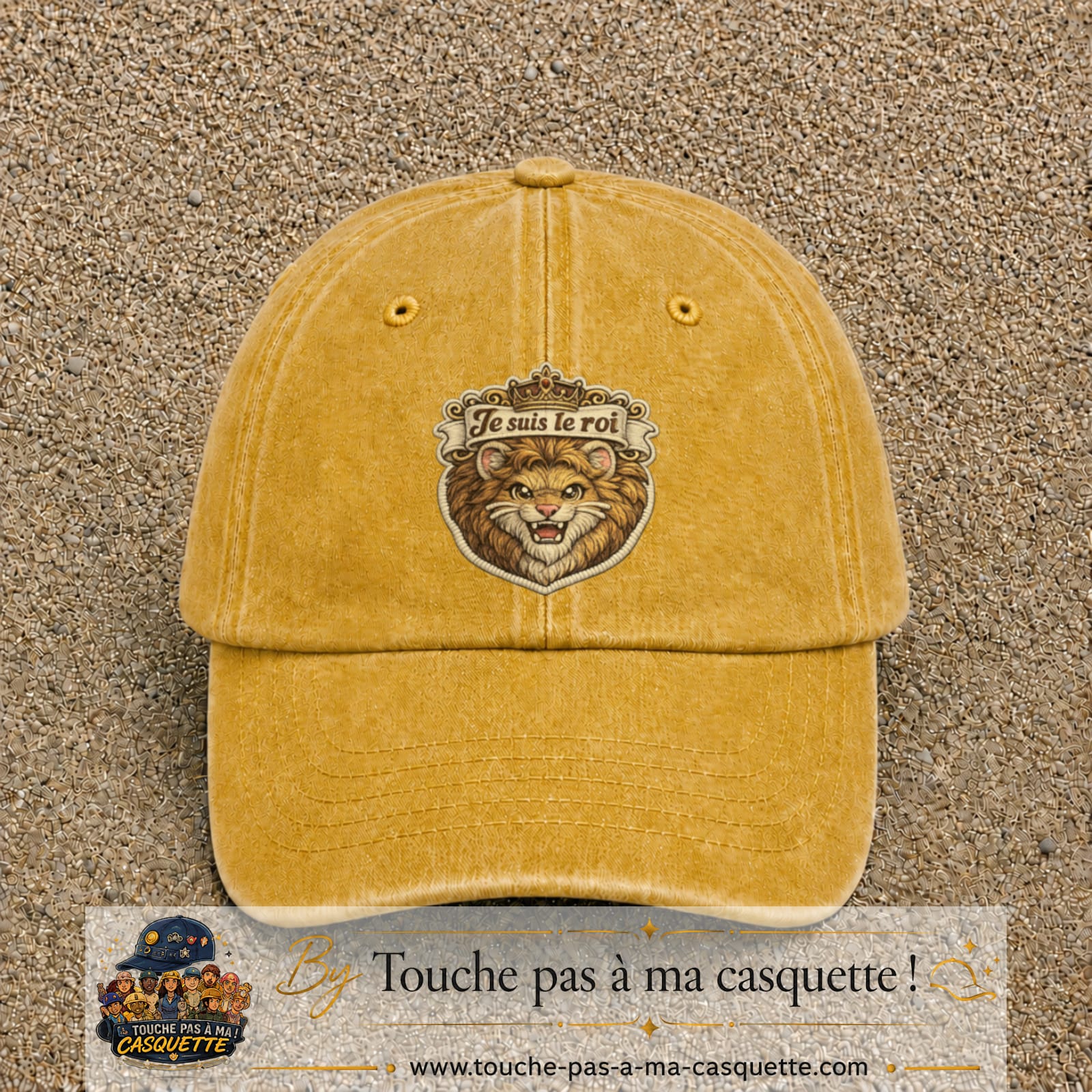 Image principale produit40grosJ - casquette Jaune délavé - Moutarde délavé avec visuel Lion roi je suis le roi 7 cm