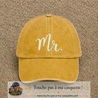 Image principale produit111grosJ - casquette Jaune délavé - Moutarde délavé avec visuel Mr blanc 7 cm