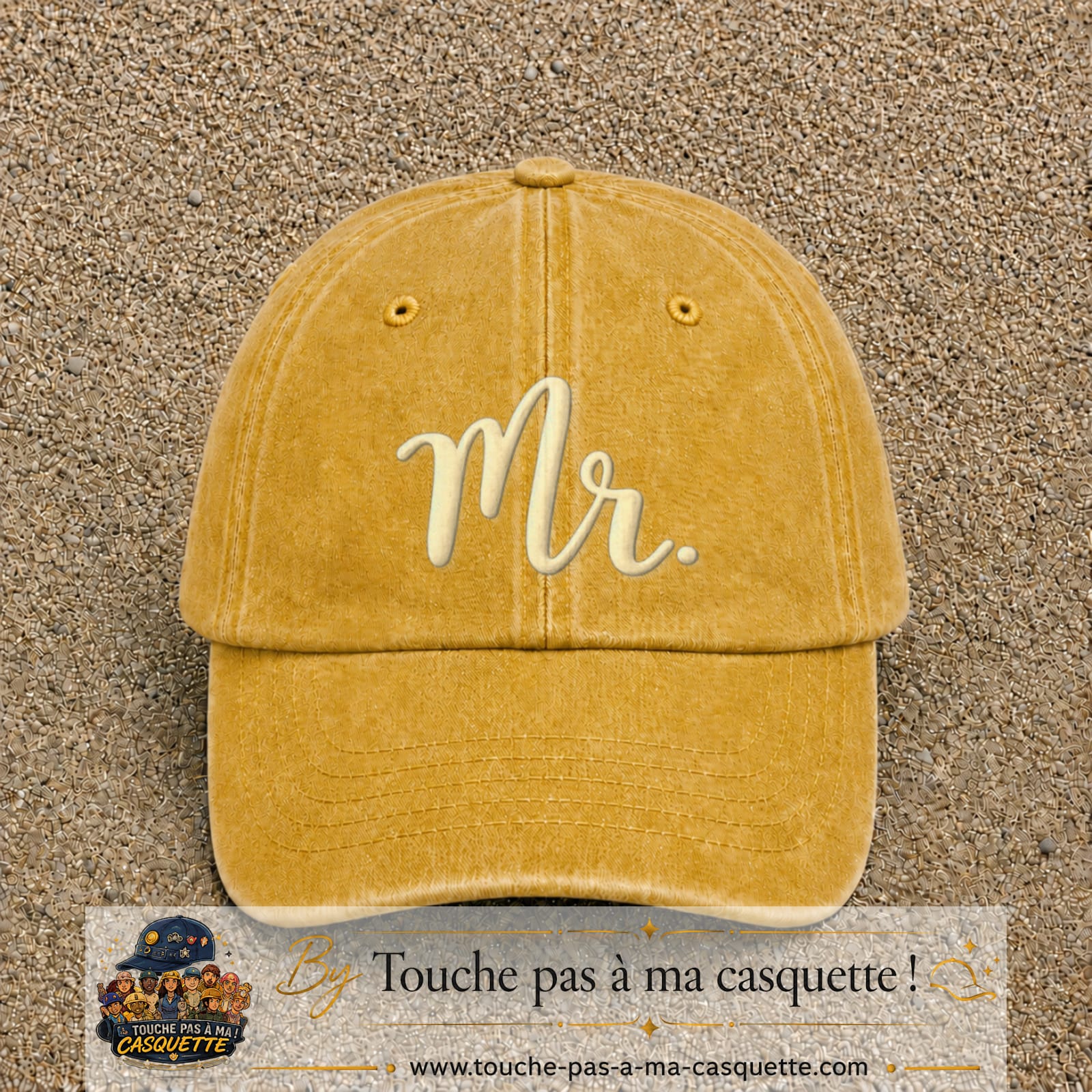 Image principale produit111grosJ - casquette Jaune délavé - Moutarde délavé avec visuel Mr blanc 7 cm