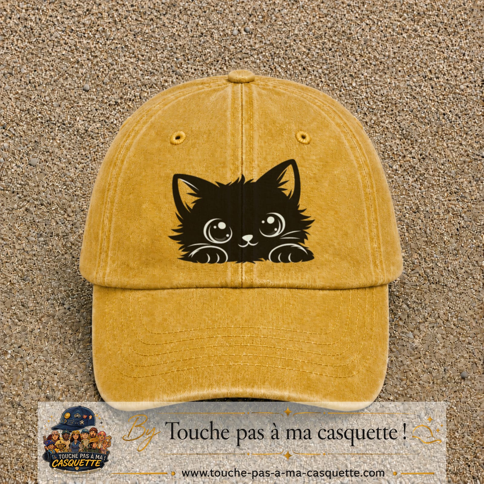 Image principale produit6grosJ - casquette Jaune délavé - Moutarde délavé avec visuel Chat noir adorable 7 cm