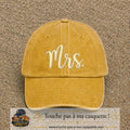 Image principale produit113grosJ - casquette Jaune délavé - Moutarde délavé avec visuel Mrs blanc 7 cm