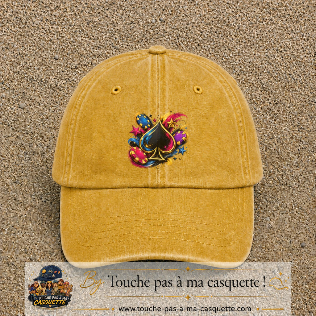 Casquette Jaune délavé - Moutarde délavé avec motif As de pique et jetons de poker en 7 cm – vue principale