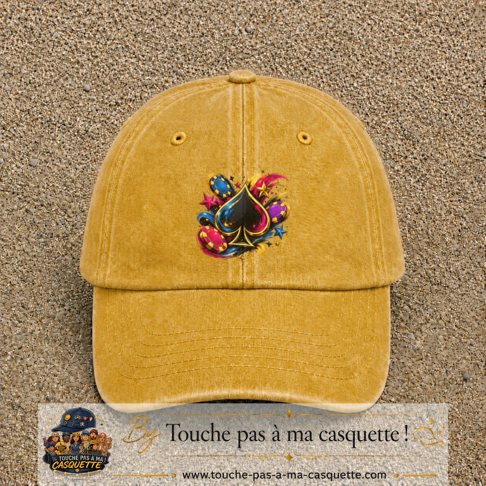 Casquette Jaune délavé - Moutarde délavé avec motif As de pique et jetons de poker en 7 cm – vue principale