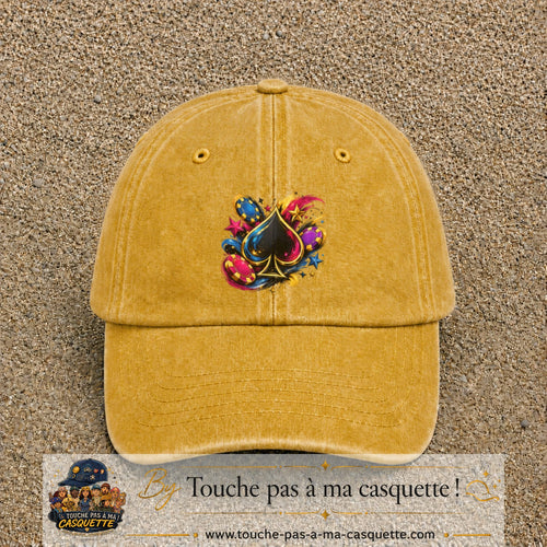 Casquette Jaune délavé - Moutarde délavé avec motif As de pique et jetons de poker en 7 cm – vue principale