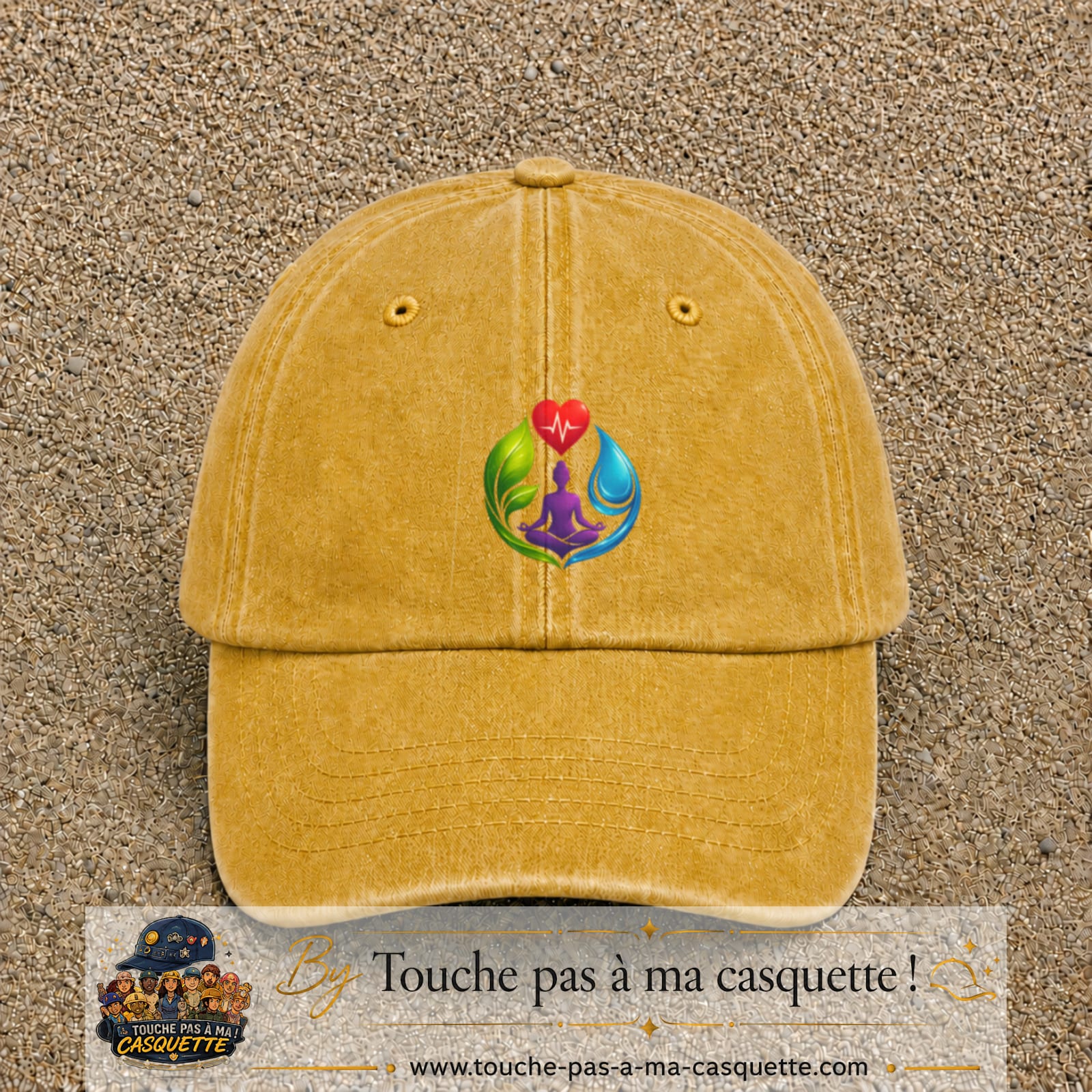 Casquette Jaune délavé - Moutarde délavé motif Yoga santé logo 7 cm