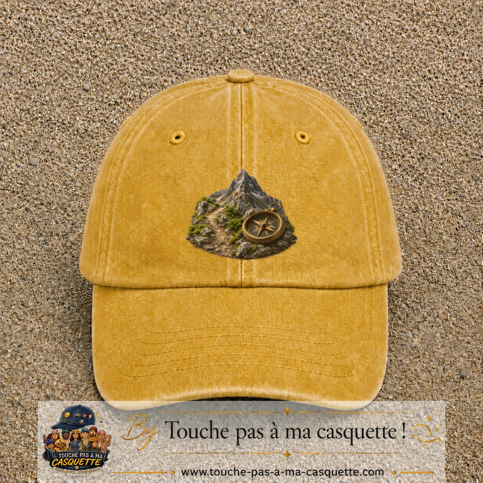 Image principale casquette Jaune délavé - Moutarde délavé avec motif Montagne et boussole 7 cm