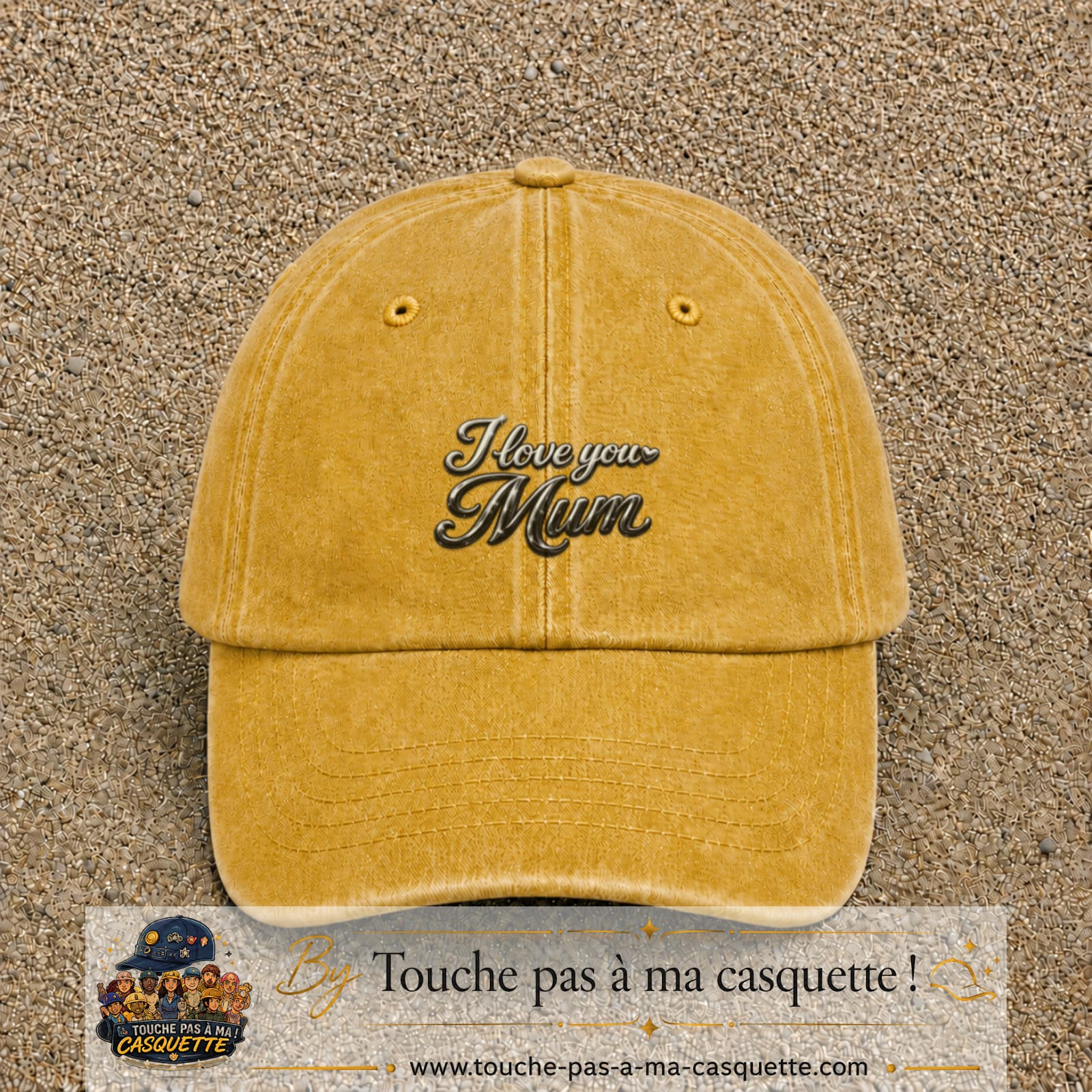 Casquette Jaune délavé - Moutarde délavé avec motif I Love You Mum en 5 cm – vue principale