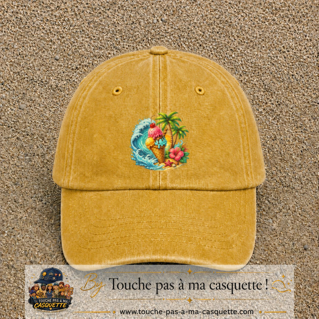 Casquette Jaune délavé - Moutarde délavé motif Glace tropicale logo 7 cm