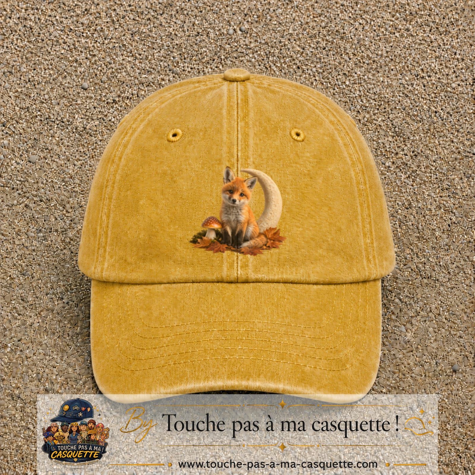 Image principale casquette Jaune délavé - Moutarde délavé avec motif Renard de lune 7 cm