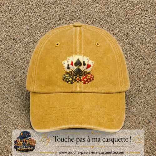 Casquette Jaune délavé - Moutarde délavé motif Poker cartes et jetons logo 7 cm