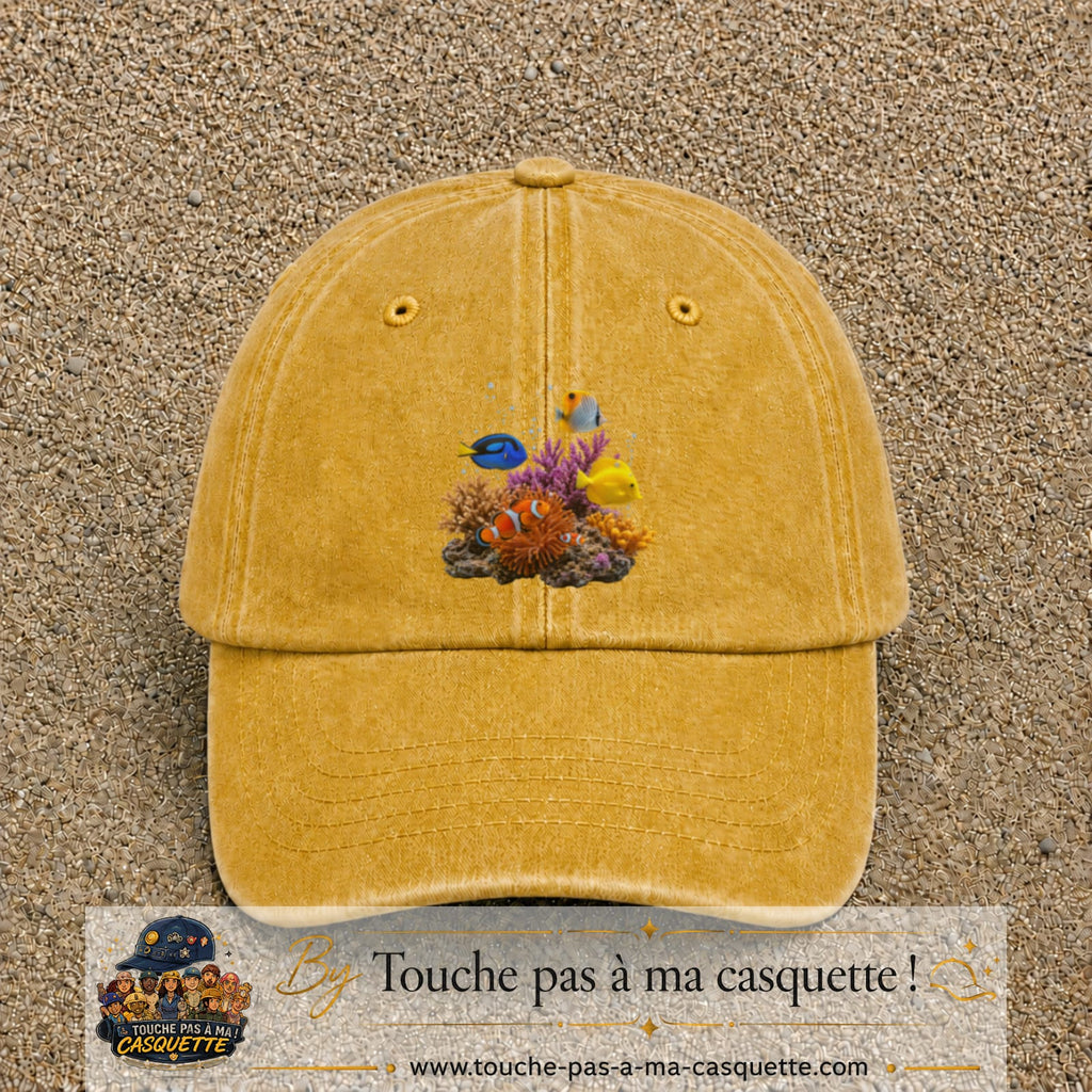 Image principale casquette Jaune délavé - Moutarde délavé avec motif Récif aux poissons 7 cm