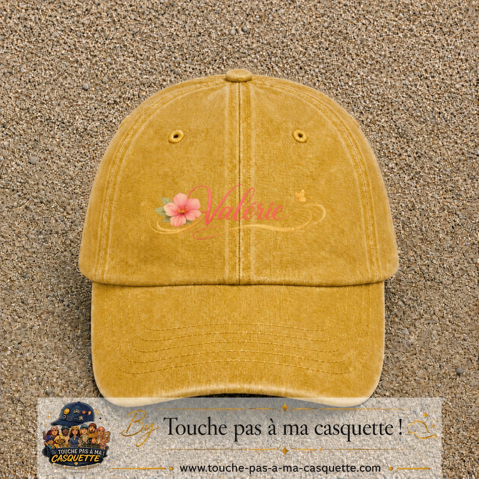 Casquette Jaune délavé - Moutarde délavé avec motif Prénom Valérie fleuri en 5 cm – vue principale