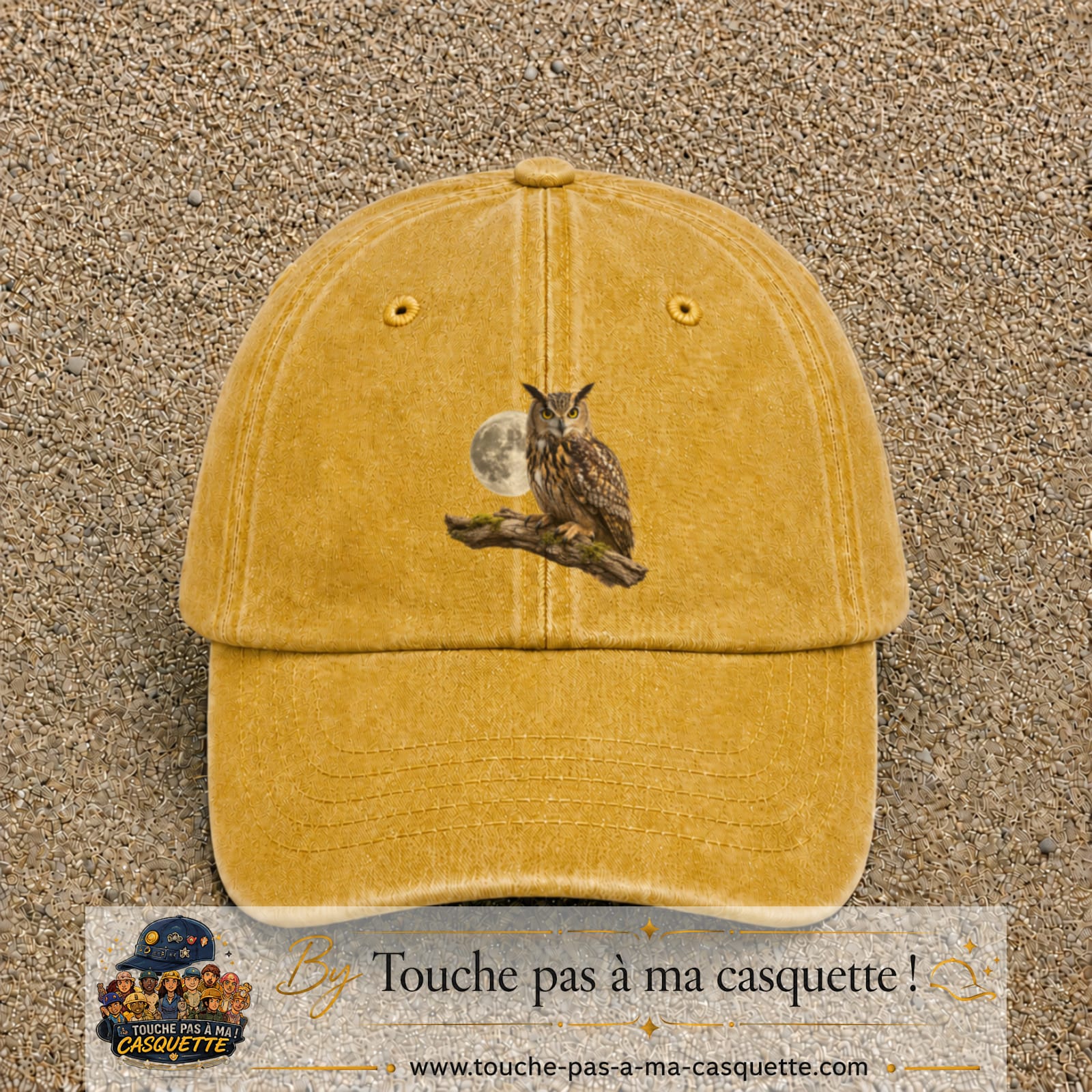 Image principale casquette Jaune délavé - Moutarde délavé avec motif Hibou sous la lune 7 cm