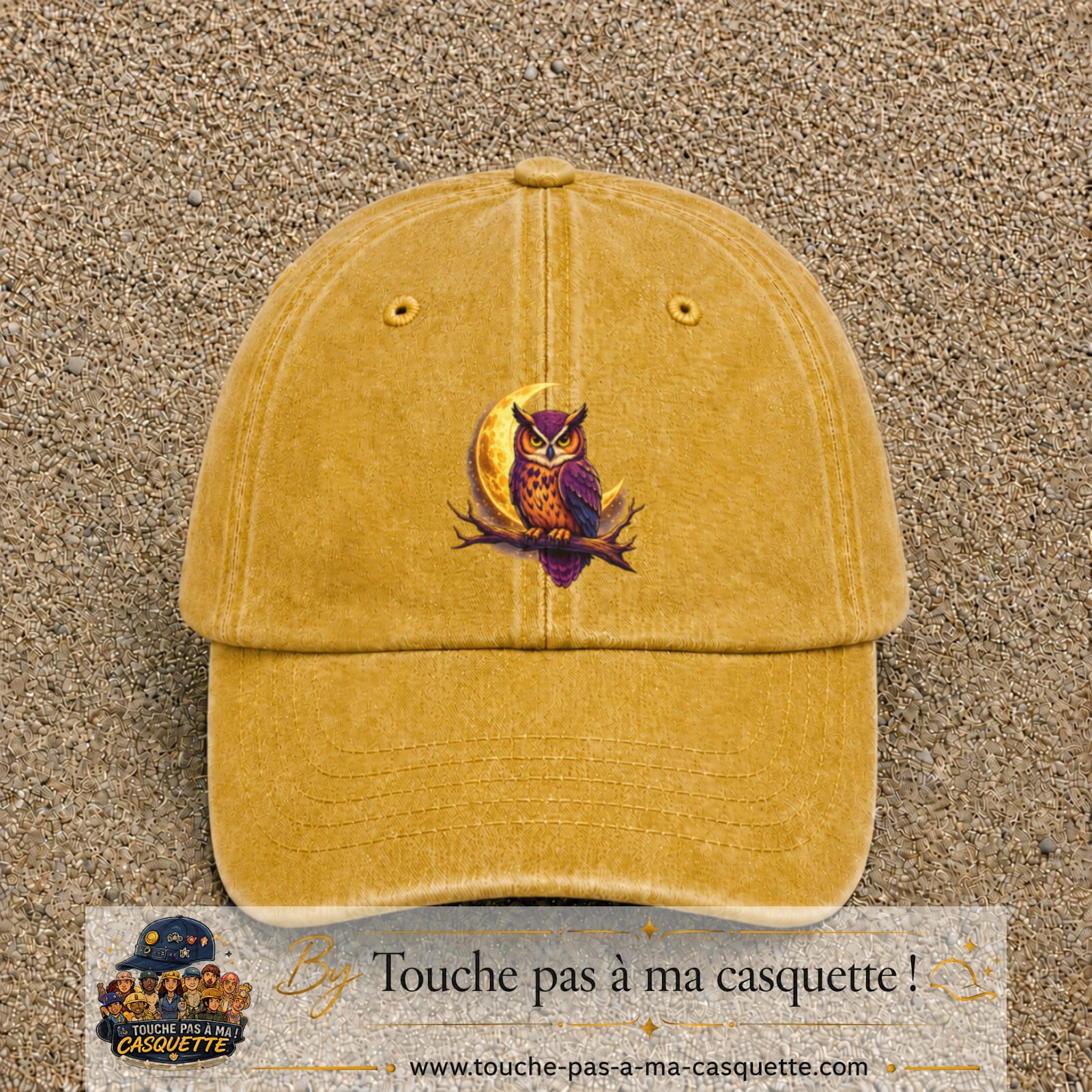 Casquette Jaune délavé - Moutarde délavé motif Hibou lune logo 7 cm