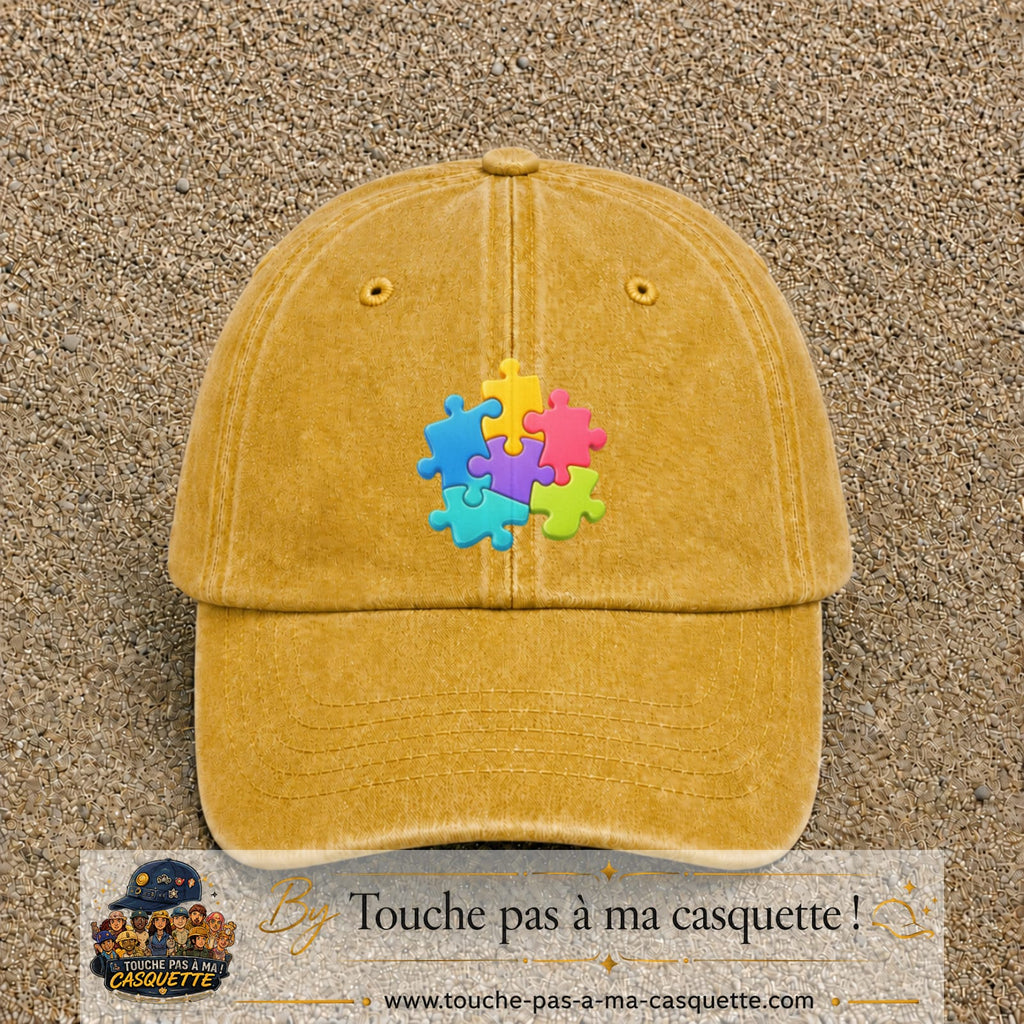 Casquette Jaune délavé - Moutarde délavé motif Puzzle pop logo 7 cm