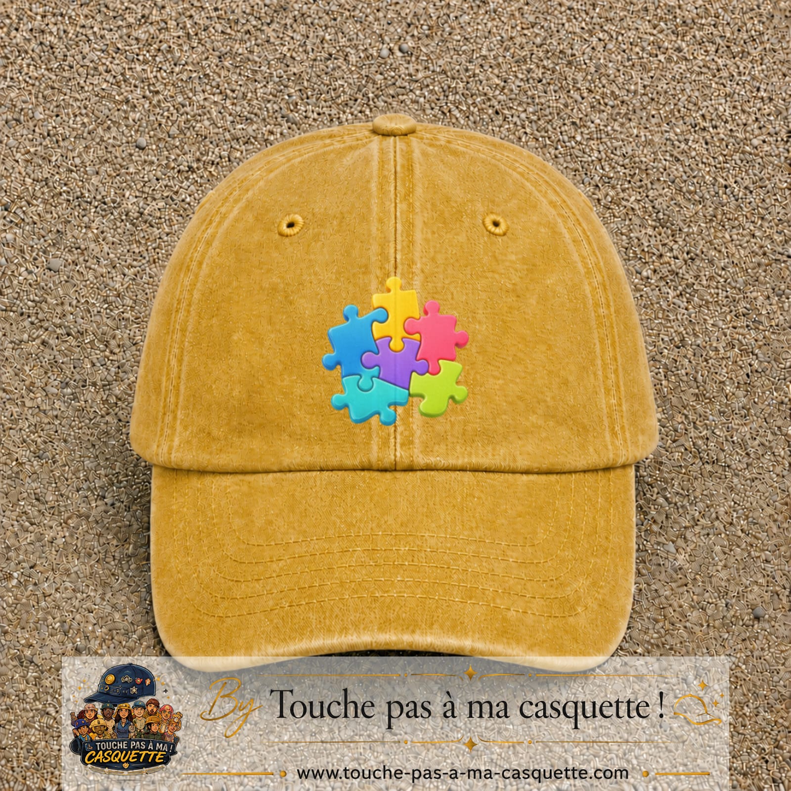 Casquette Jaune délavé - Moutarde délavé motif Puzzle pop logo 7 cm