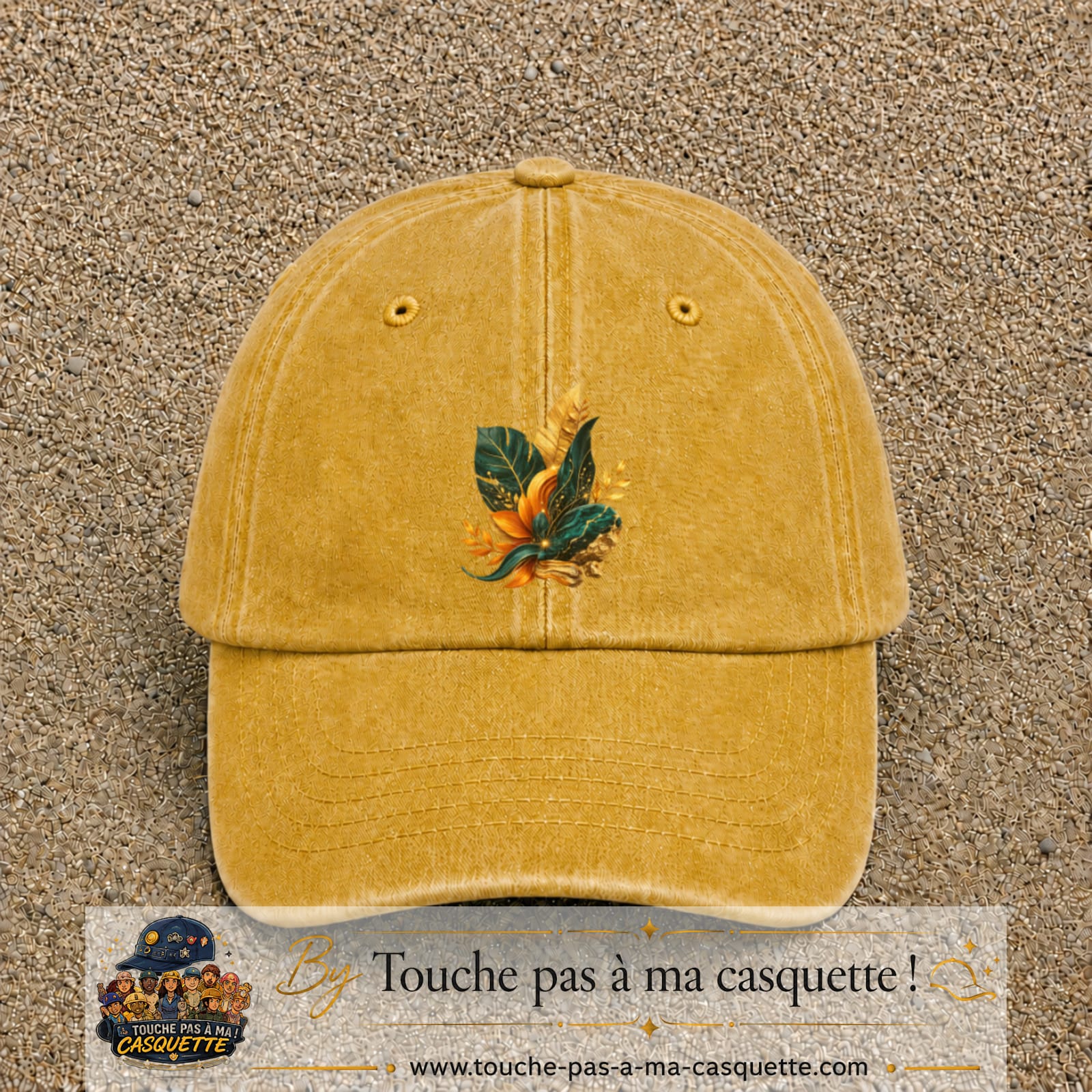 Image principale casquette Jaune délavé - Moutarde délavé avec motif Feuillage tropical doré 7 cm