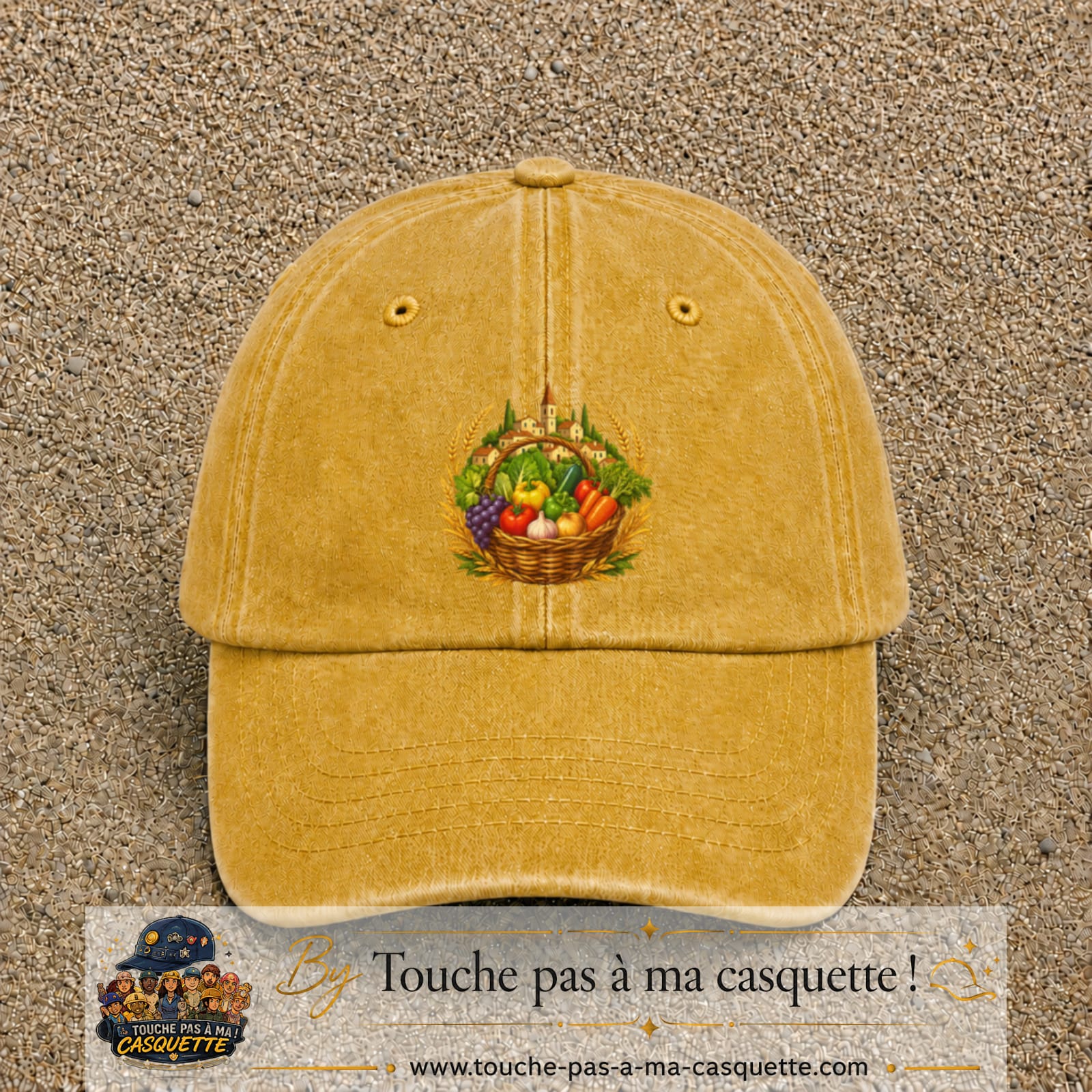 Casquette Jaune délavé - Moutarde délavé motif Panier de récolte logo 7 cm