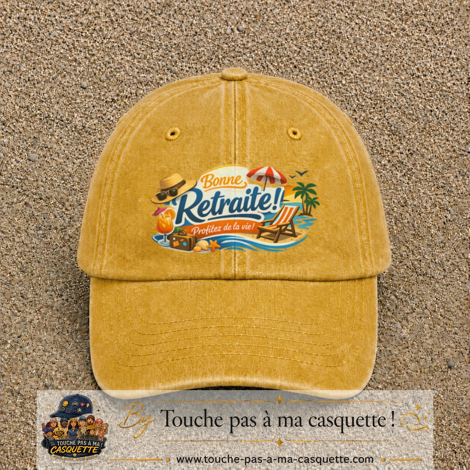 Casquette Jaune délavé - Moutarde délavé avec motif Bonne retraite au bord de la mer en 7 cm – vue principale