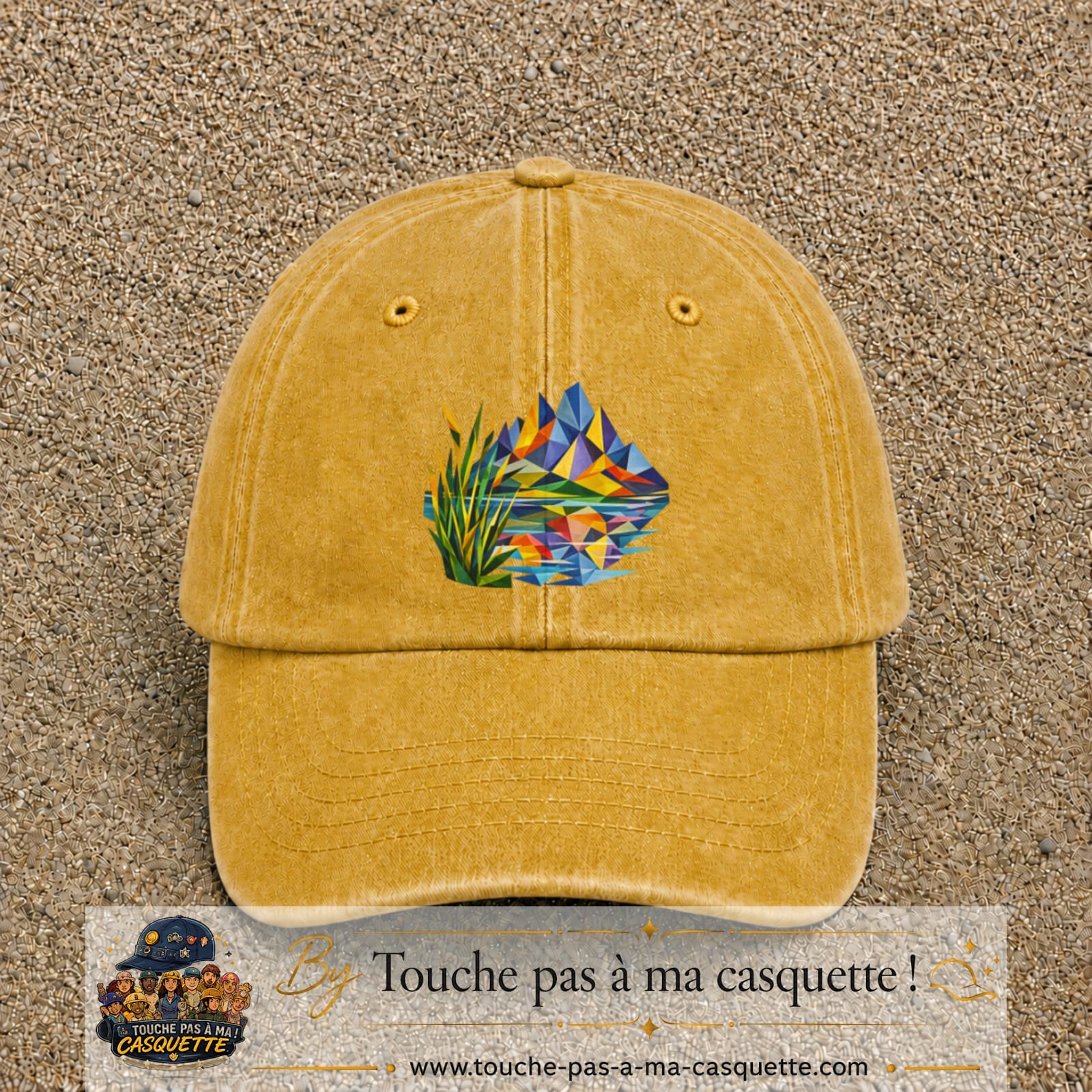 Image principale casquette Jaune délavé - Moutarde délavé avec motif Lac de montagne 7 cm