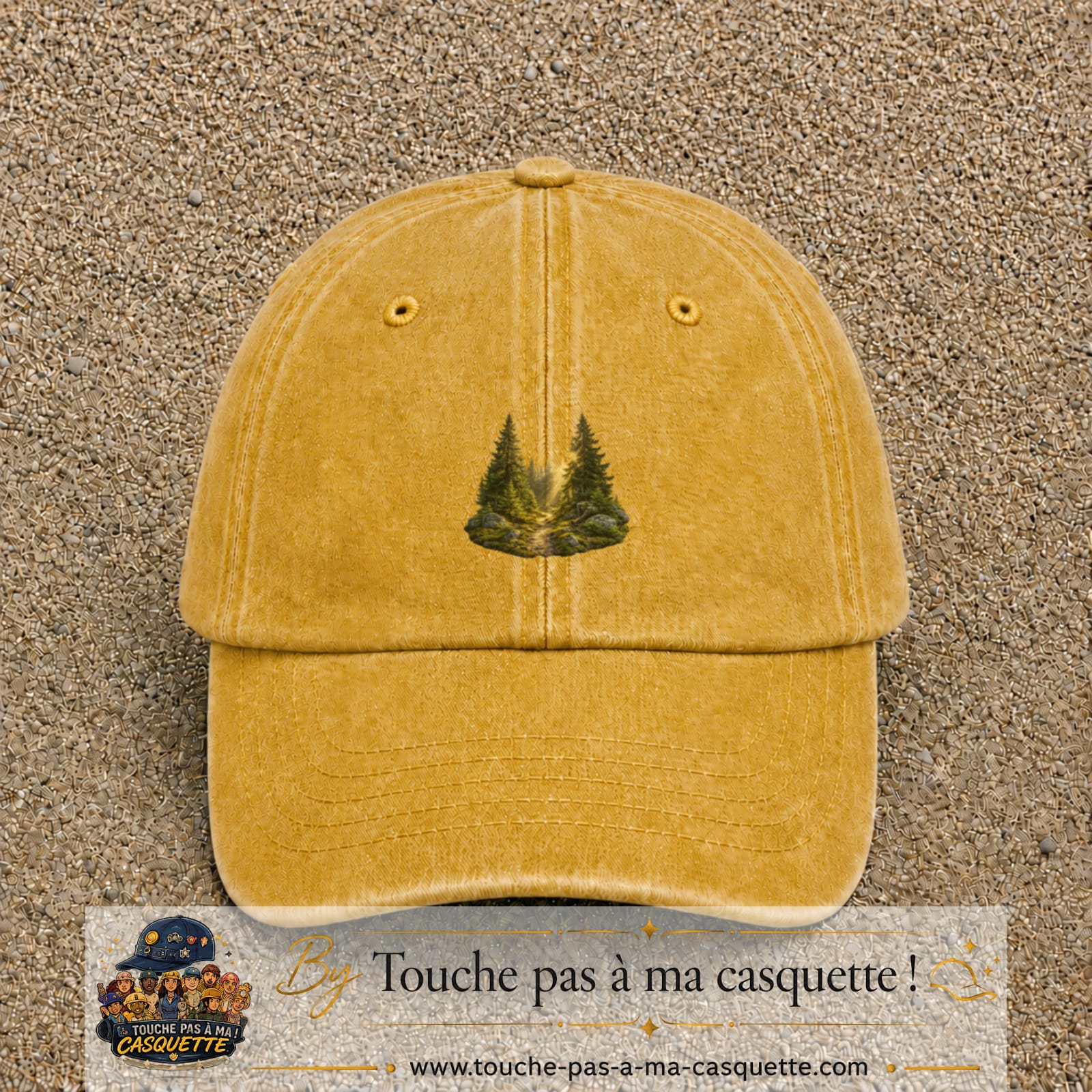 Casquette Jaune délavé - Moutarde délavé motif Forêt de sapins logo 5 cm