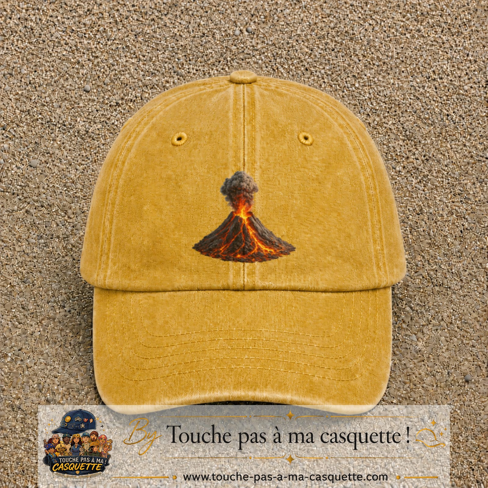 Image principale casquette Jaune délavé - Moutarde délavé avec motif Volcan en éruption 7 cm