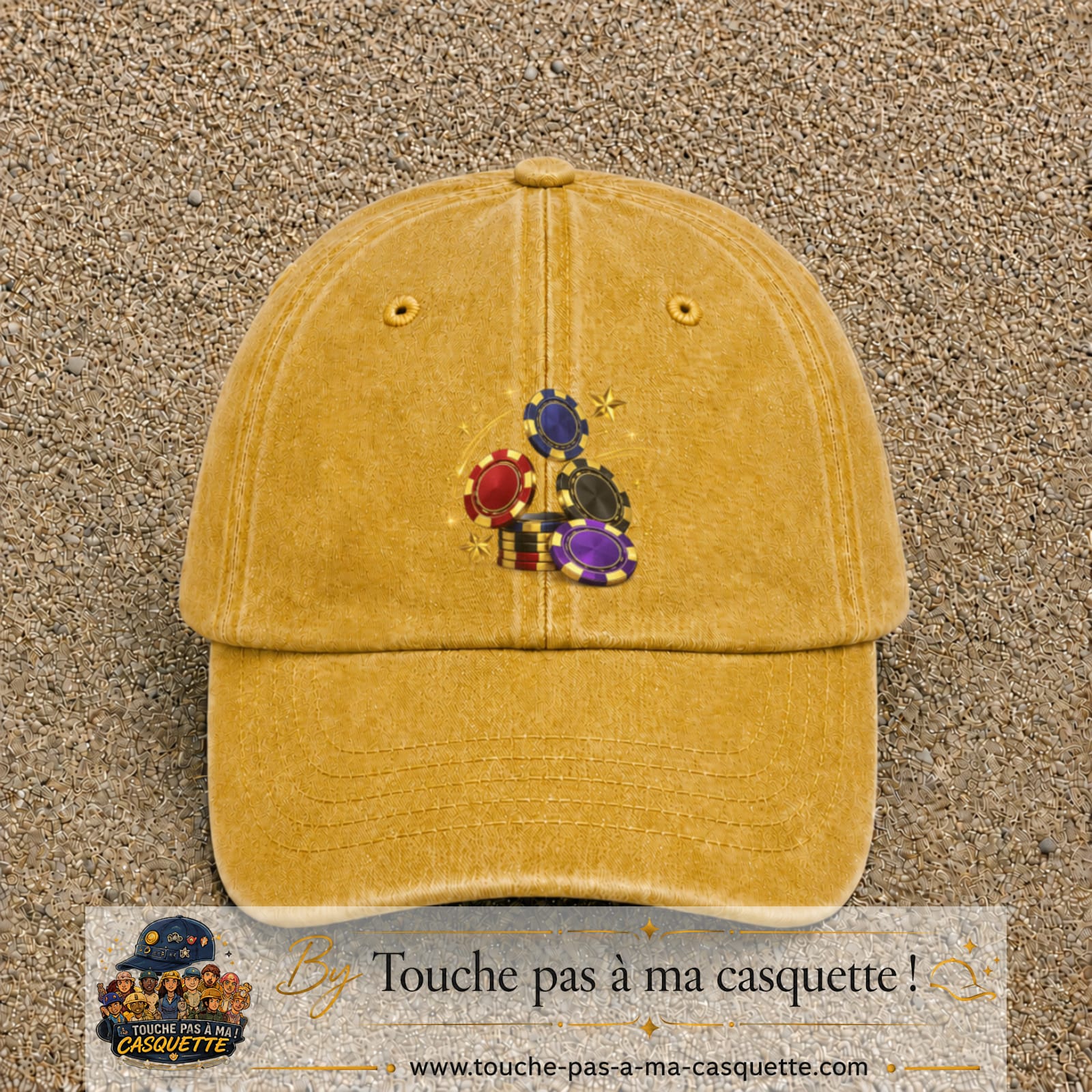 Image principale casquette Jaune délavé - Moutarde délavé avec motif Jetons de casino 7 cm