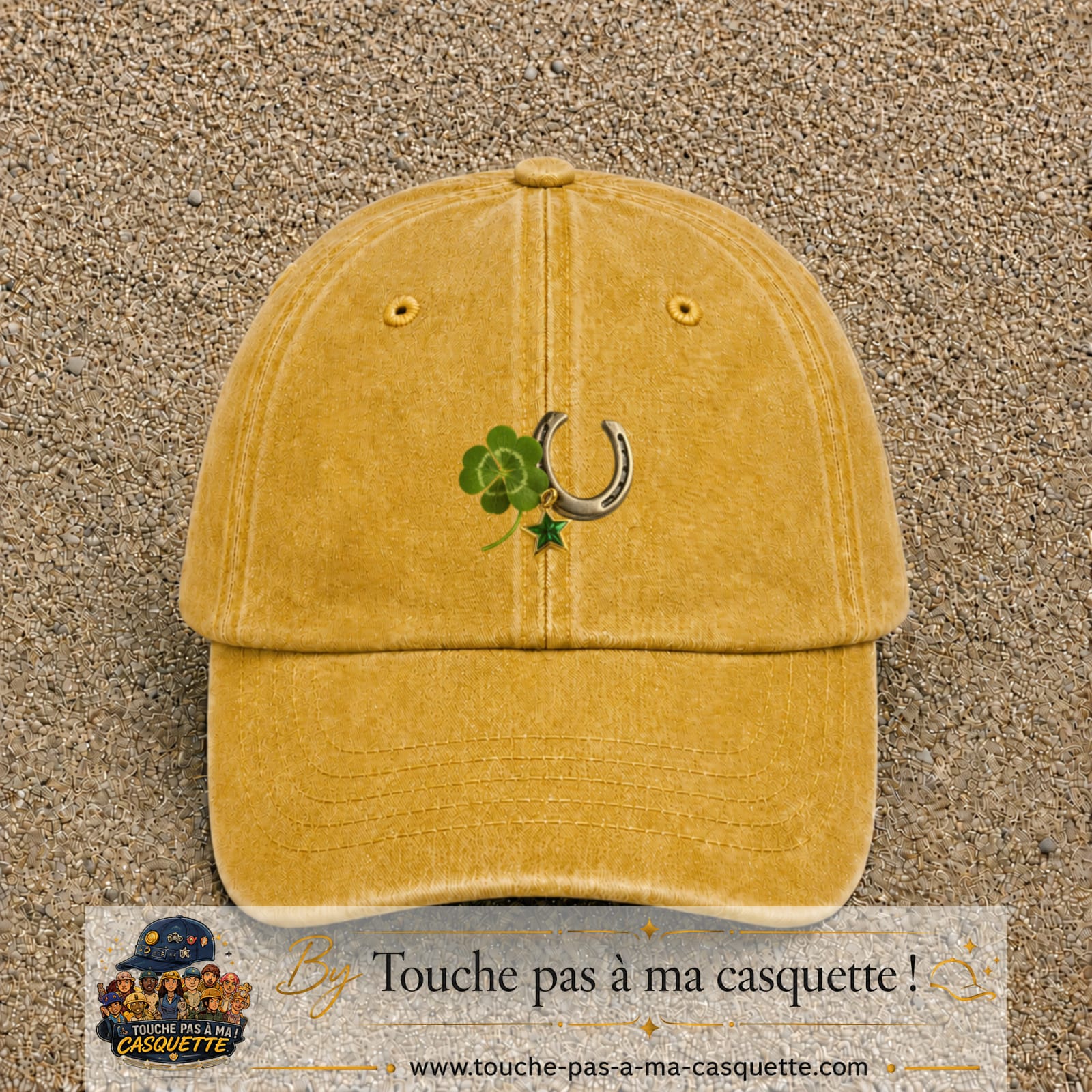 Image principale casquette Jaune délavé - Moutarde délavé avec motif Trèfle et fer à cheval 5 cm
