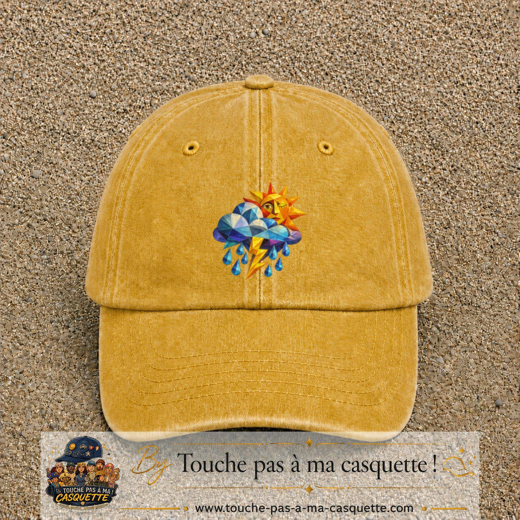 Image principale casquette Jaune délavé - Moutarde délavé avec motif Météo soleil orage 7 cm