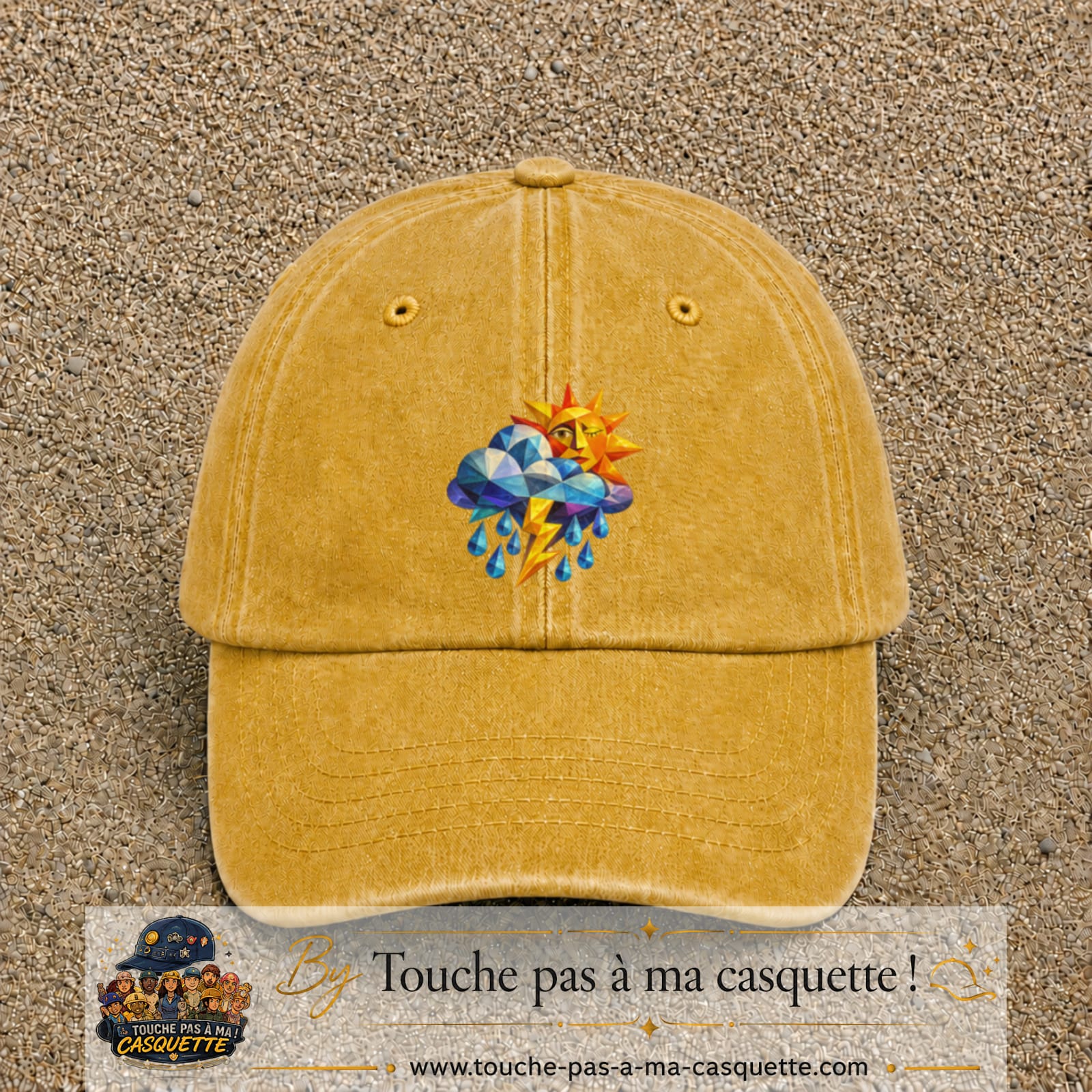 Image principale casquette Jaune délavé - Moutarde délavé avec motif Météo soleil orage 7 cm