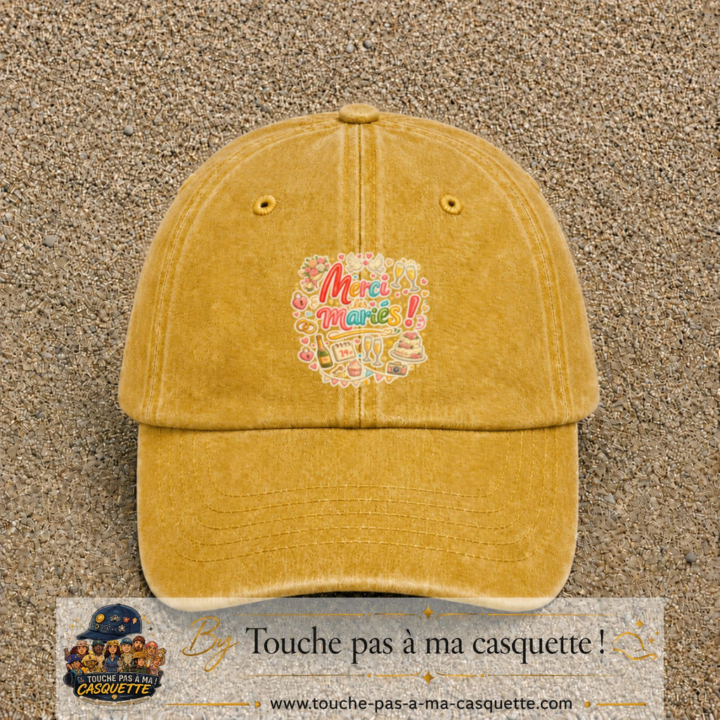 Casquette Jaune délavé - Moutarde délavé avec motif Merci les Mariés en 7 cm – vue principale