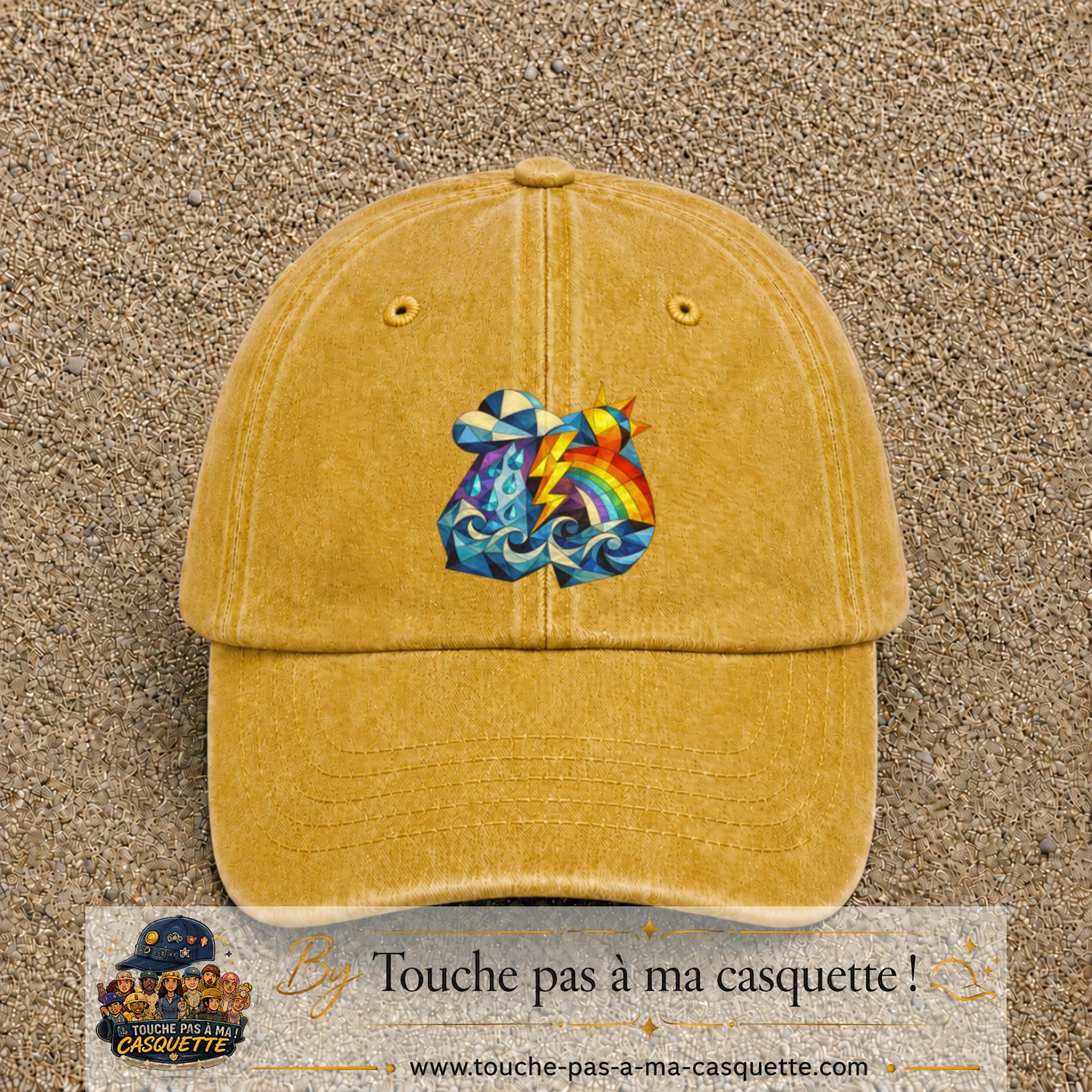 Image principale casquette Jaune délavé - Moutarde délavé avec motif Orage arc-en-ciel 7 cm