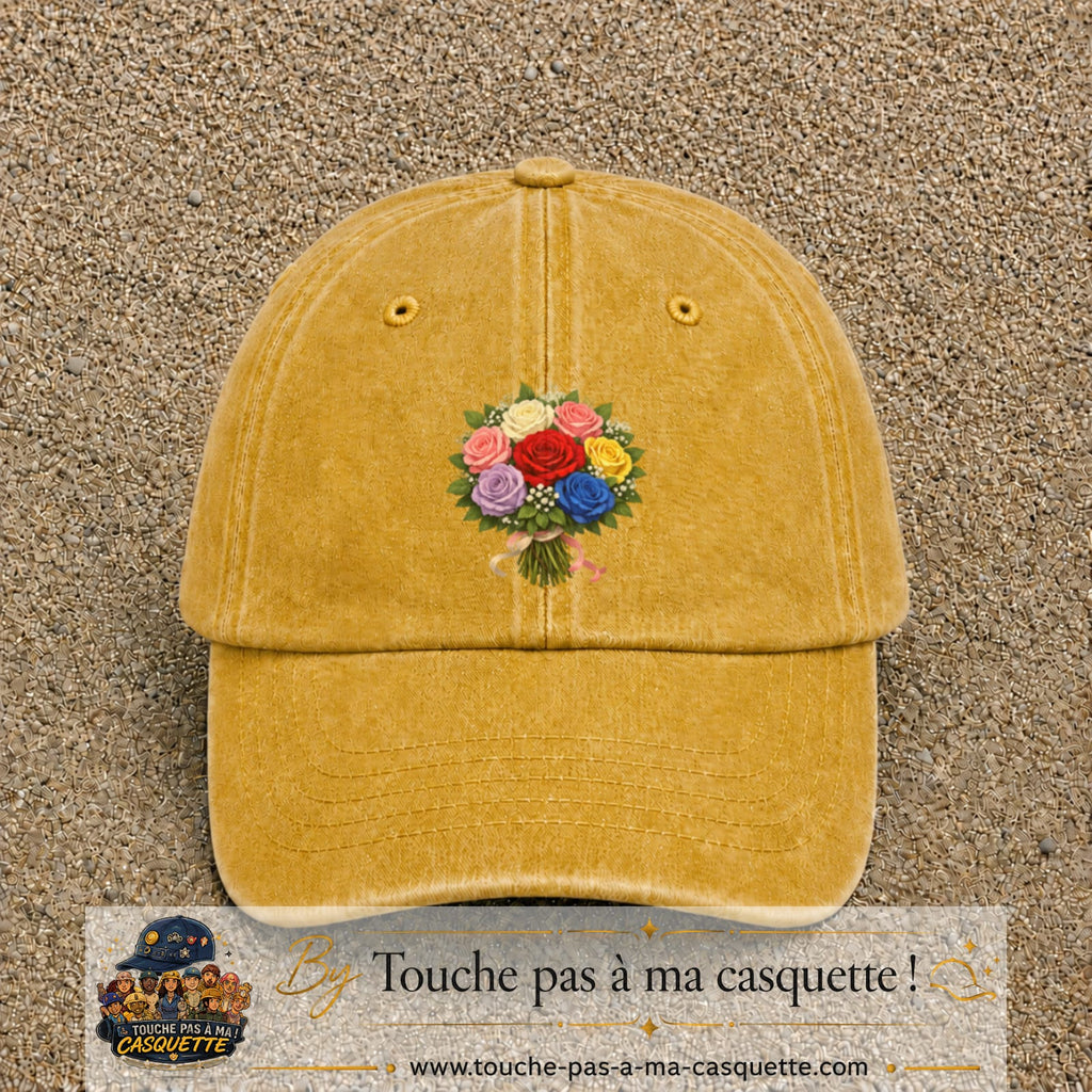 Casquette Jaune délavé - Moutarde délavé avec motif Bouquet de roses multicolores en 7 cm – vue principale