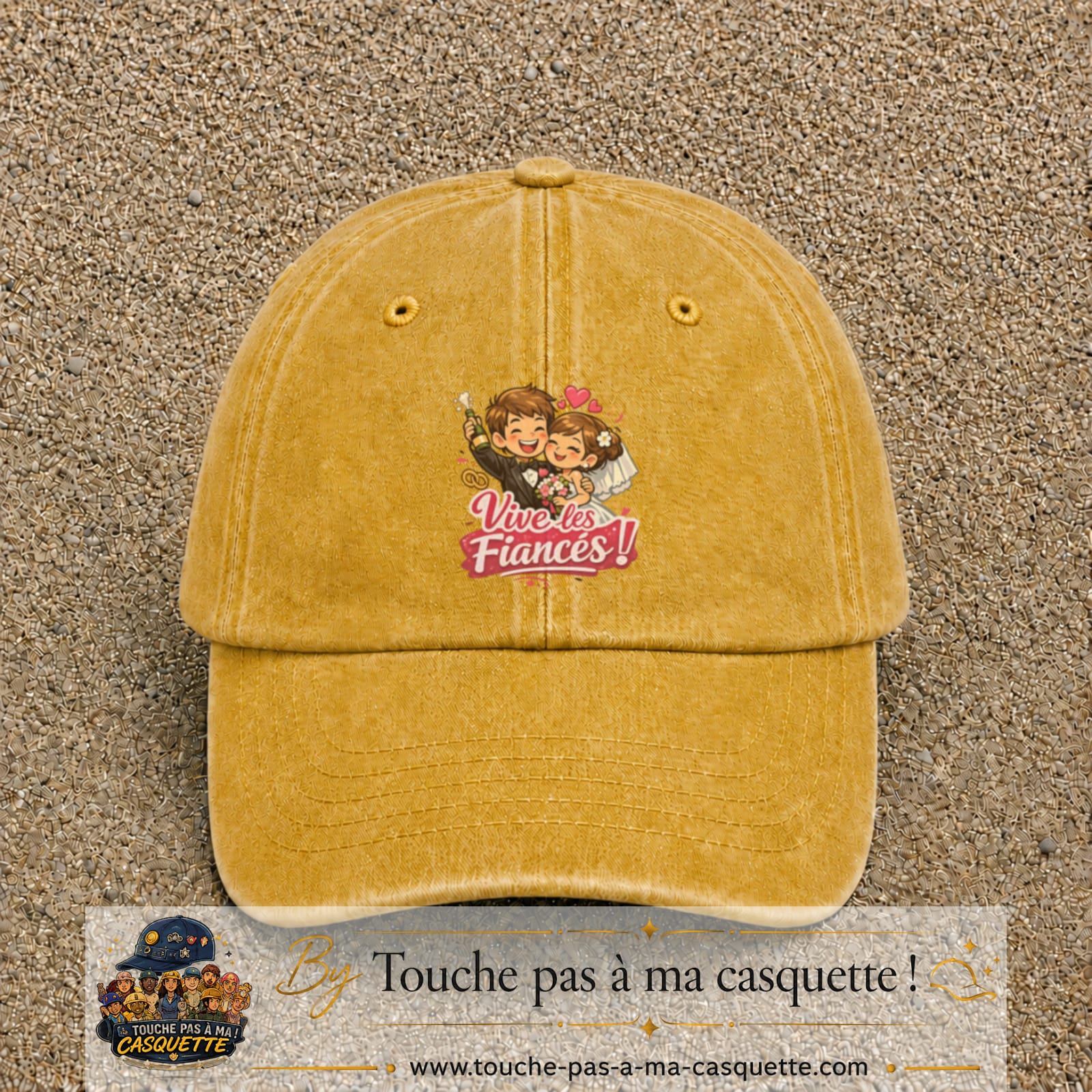 Casquette Jaune délavé - Moutarde délavé avec motif Vive les Fiancés en 7 cm – vue principale