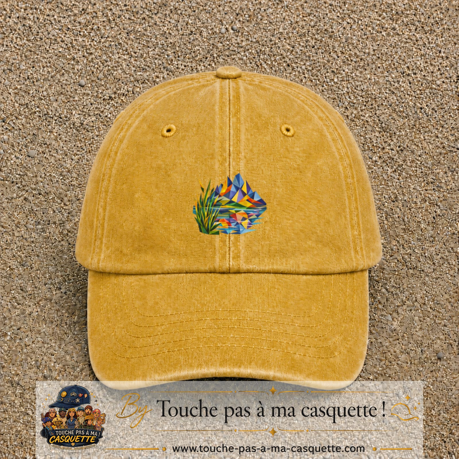 Image principale casquette Jaune délavé - Moutarde délavé avec motif Lac de montagne 5 cm